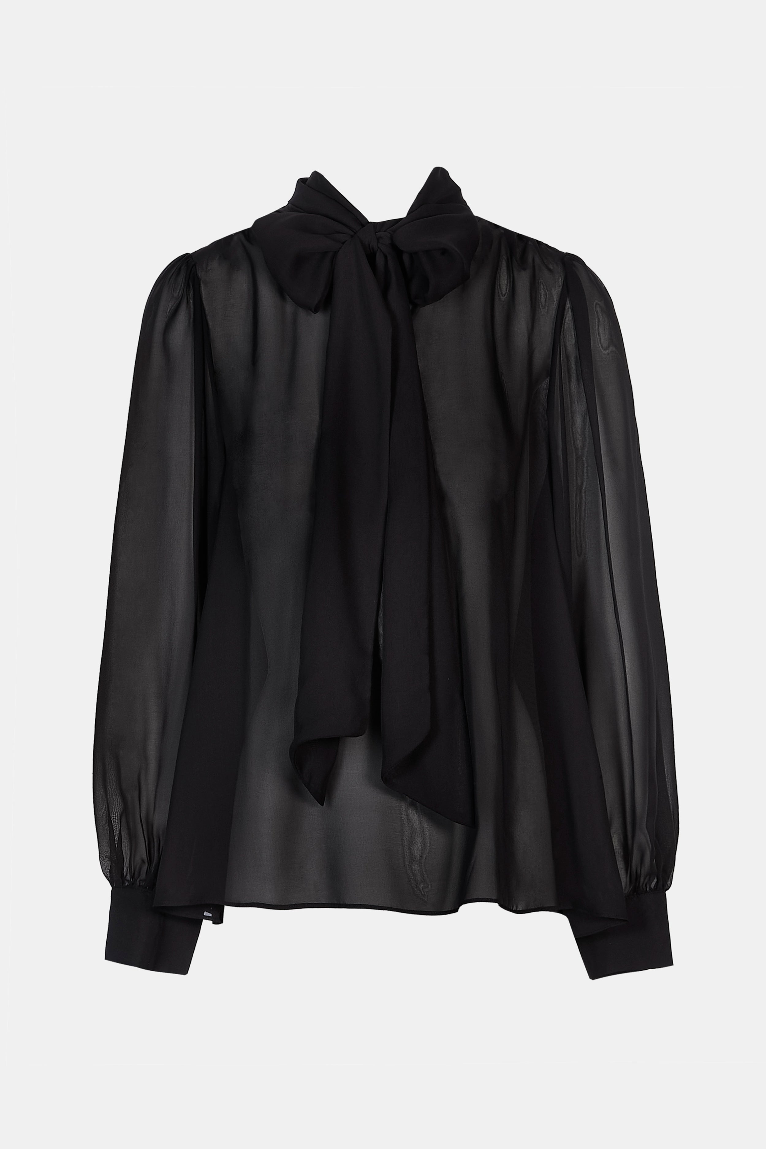Sheer Chiffon Tie Neck Blouse - Black