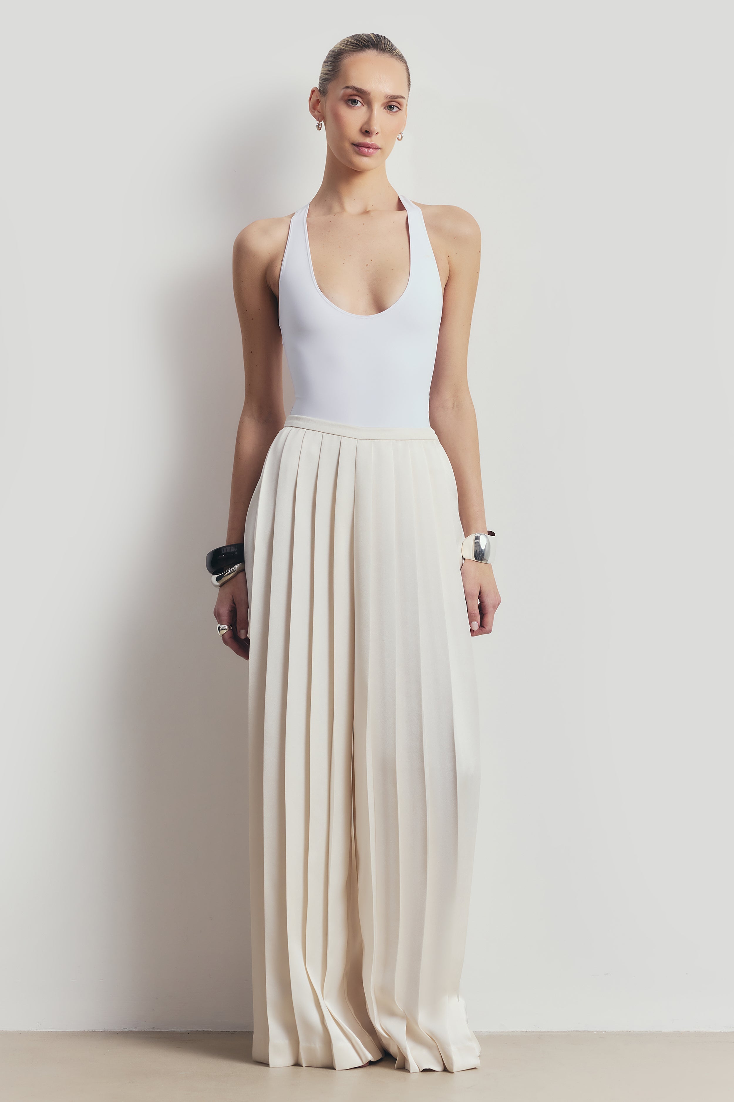 Pleated Satin Palazzo Trousers - Cream