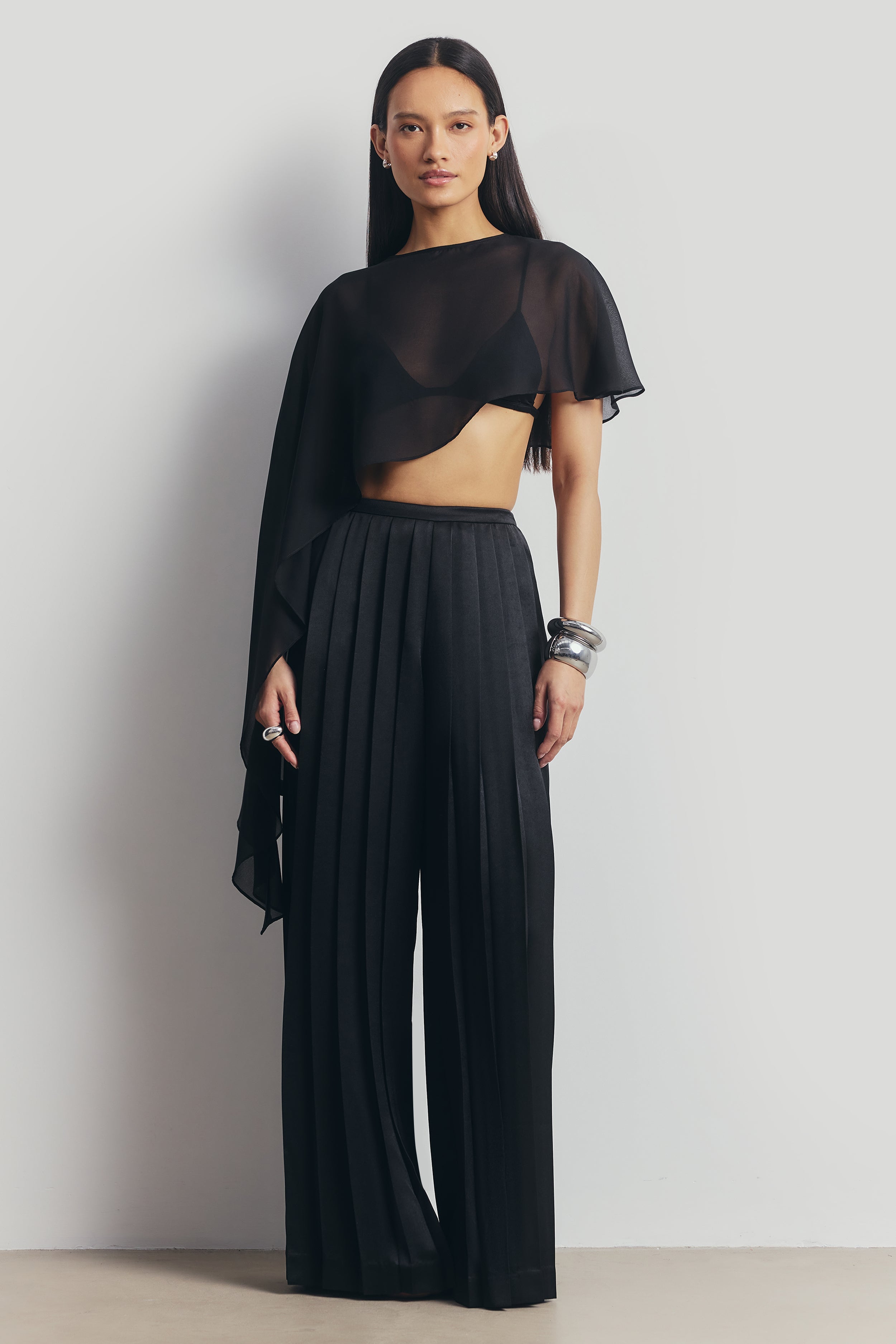 Pleated Satin Palazzo Trousers - Black