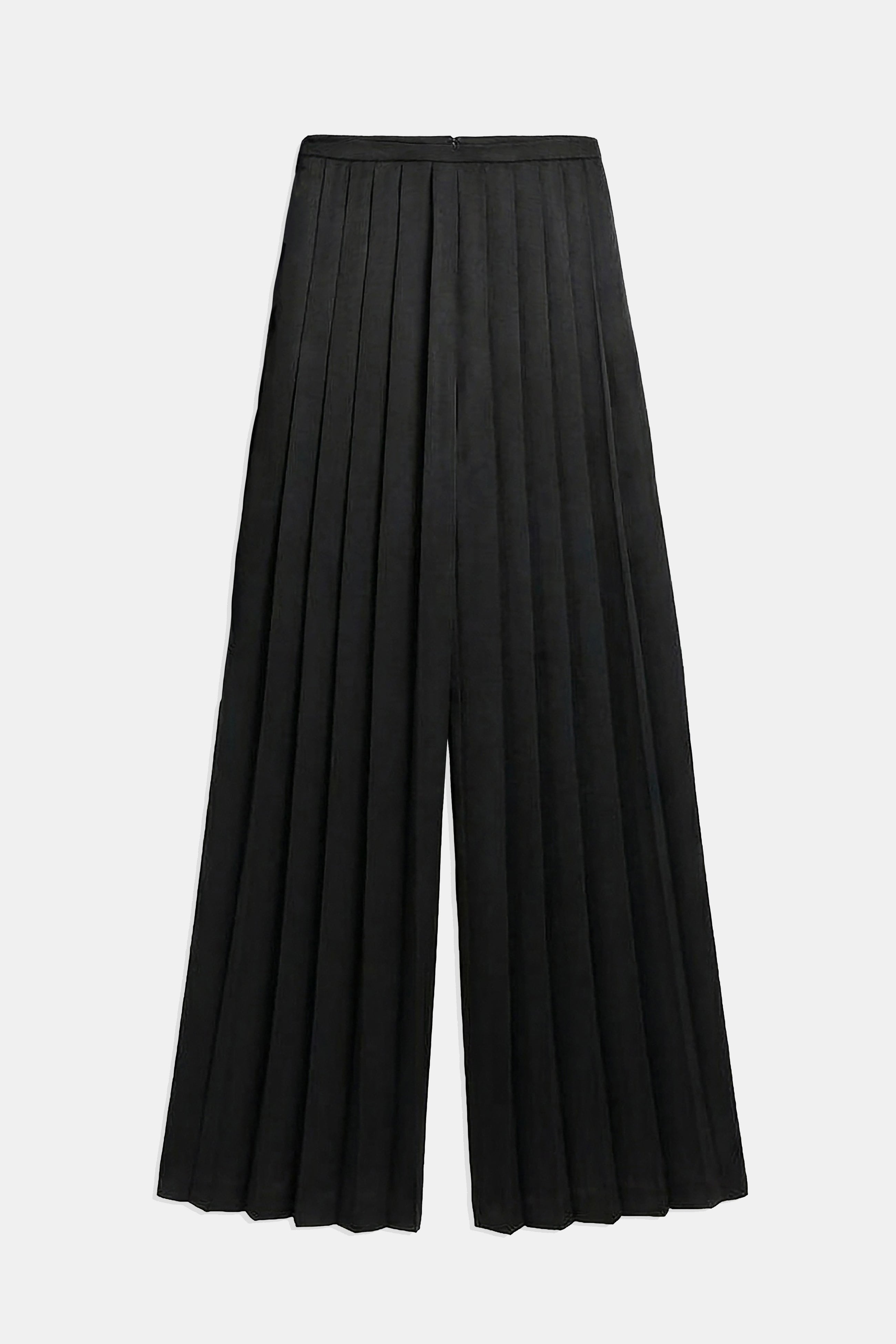 Pleated Satin Palazzo Trousers - Black