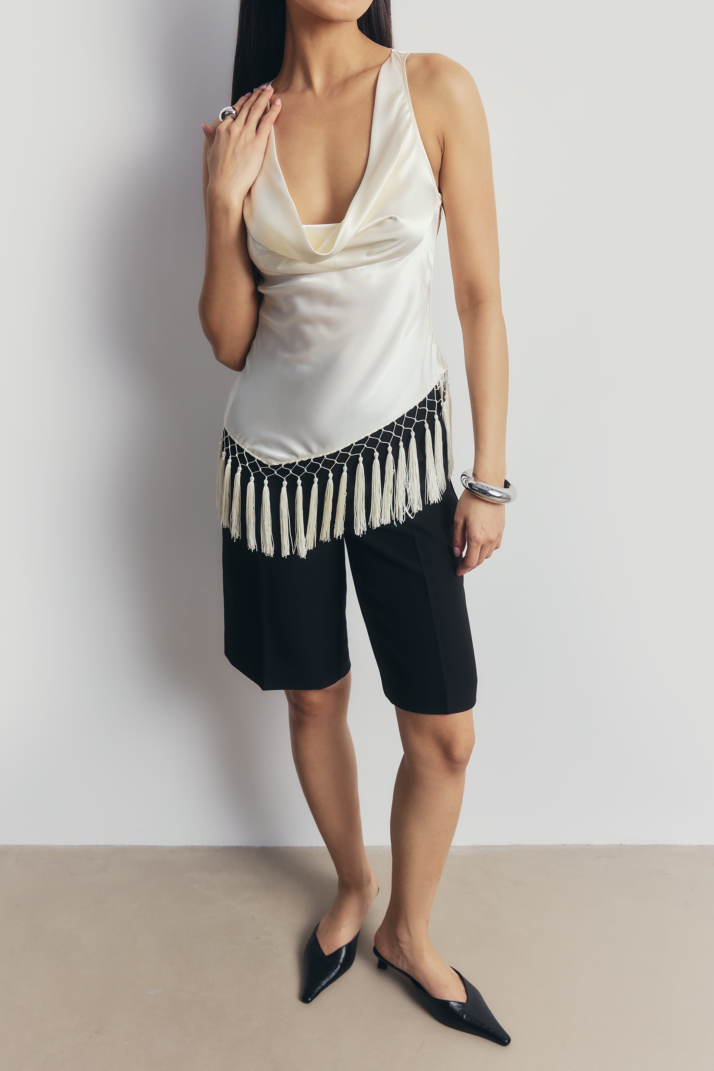 Satin Cowl Neck Tassel Hem Top - Cream