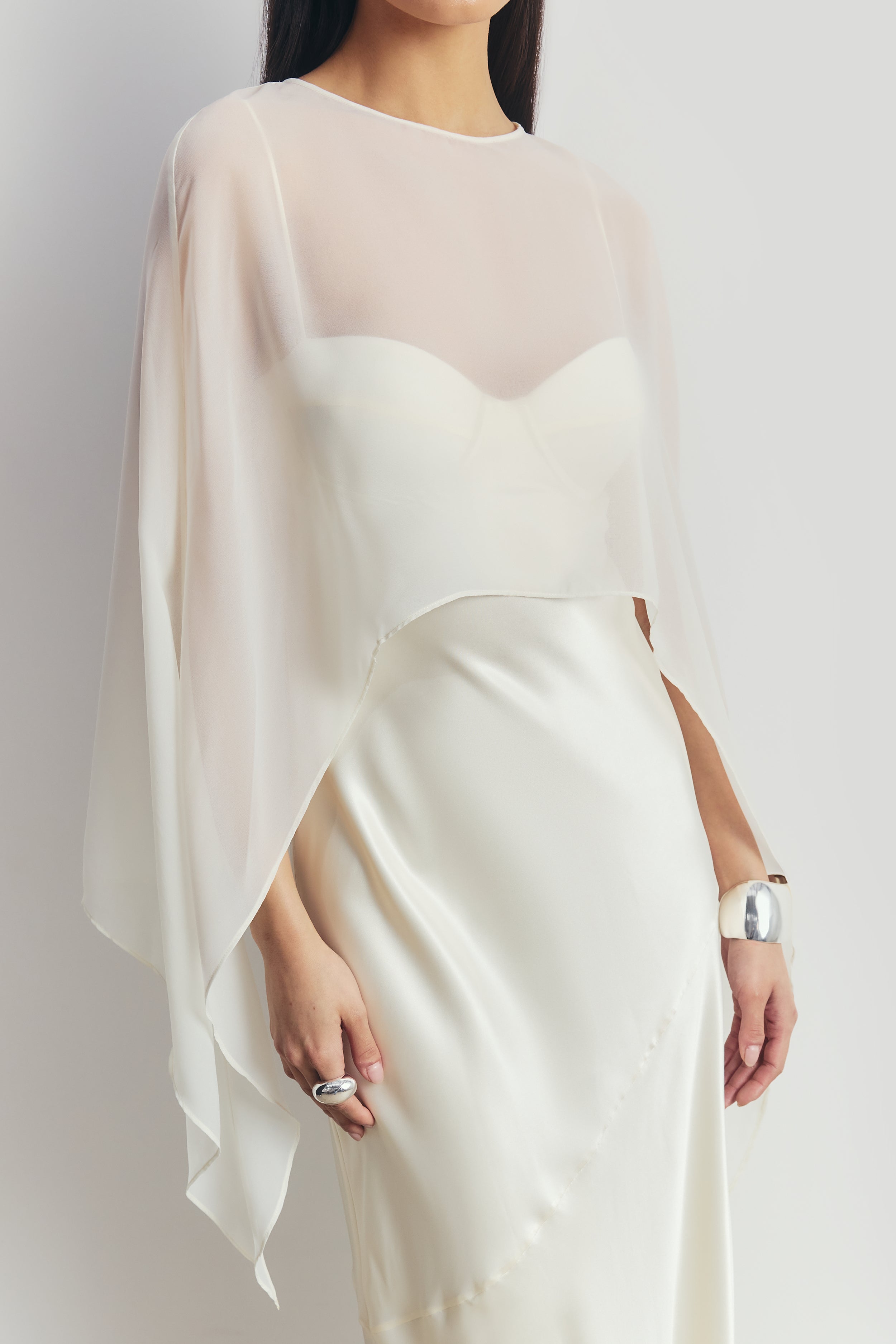 Sheer Chiffon Curved Hem Cape - Cream