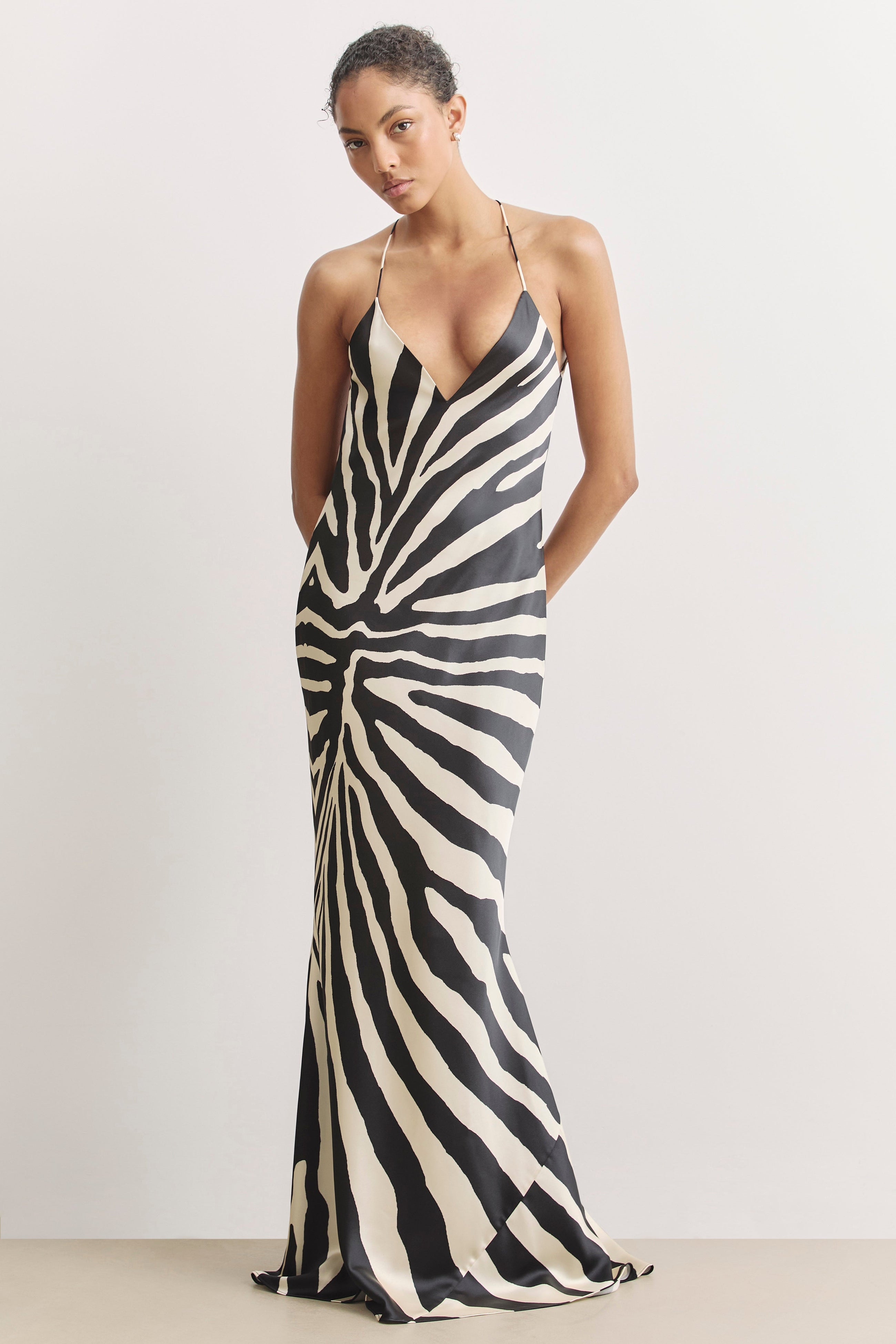 Satin Slinky Cowl Back Gown - Abstract Zebra
