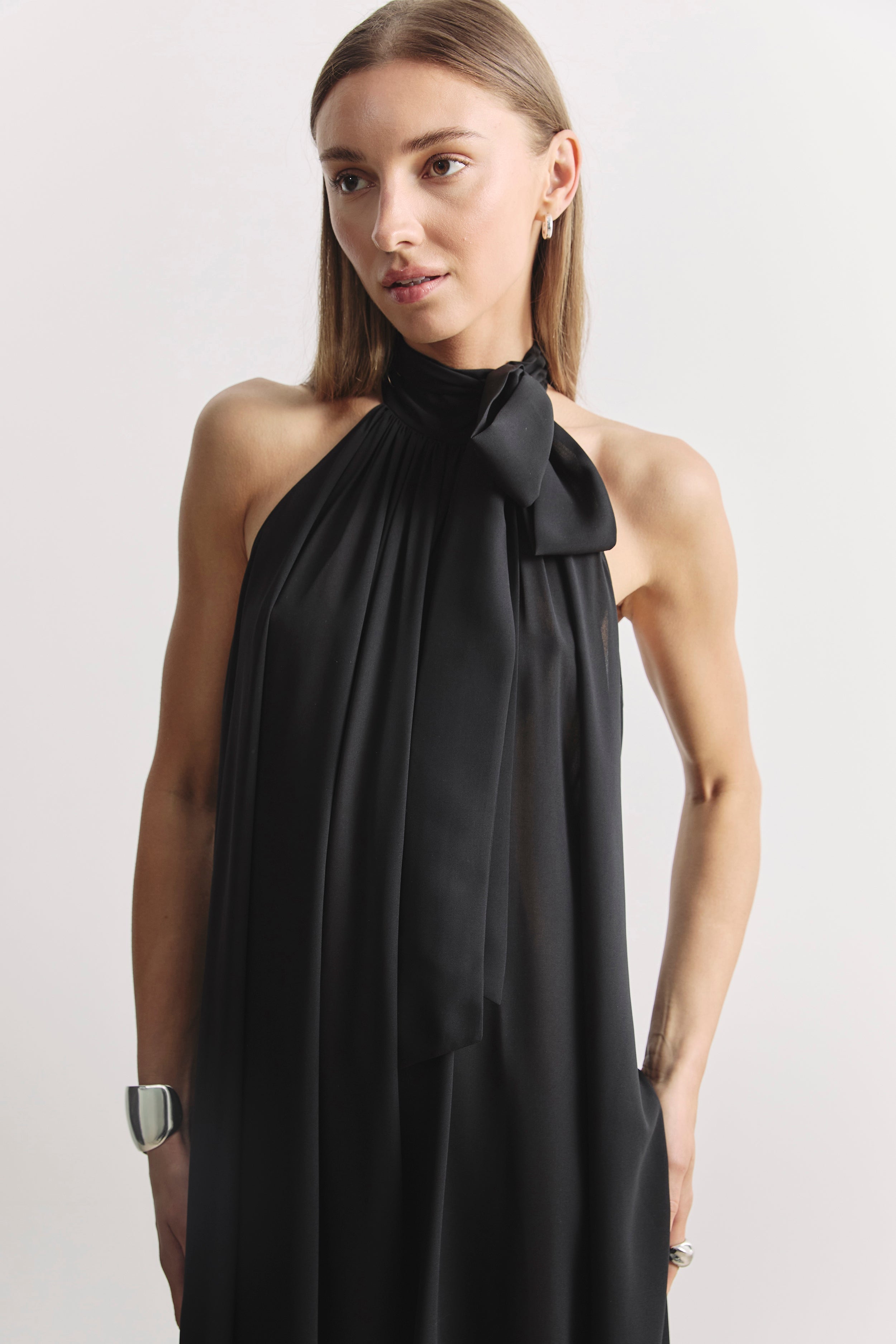 Sheer Chiffon High Neck Volume Maxi Dress - Black