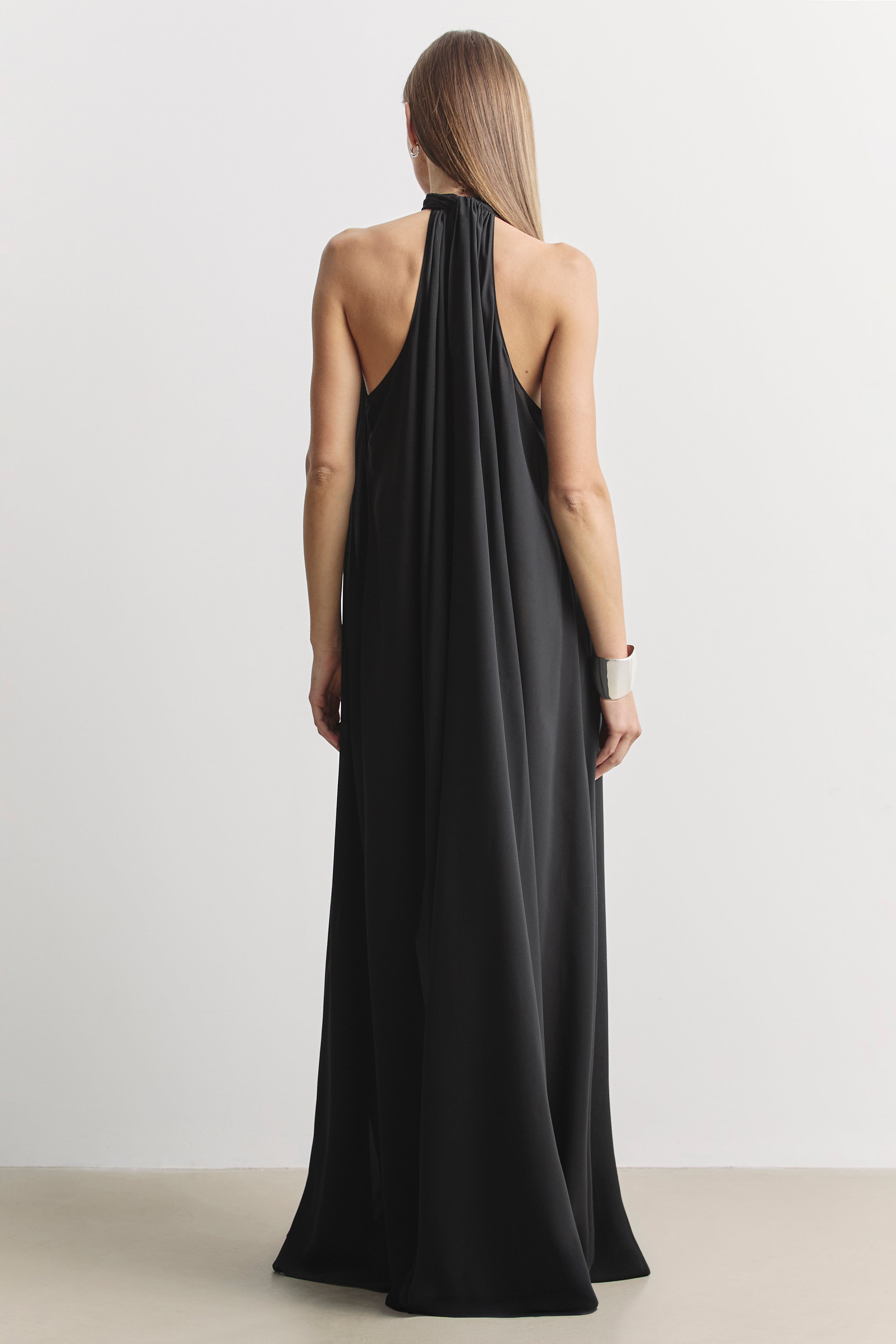 Sheer Chiffon High Neck Volume Maxi Dress - Black