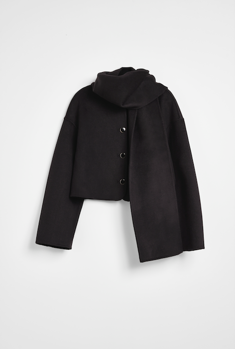 Double Faced Wool Cropped Jacket With Scarf - Black