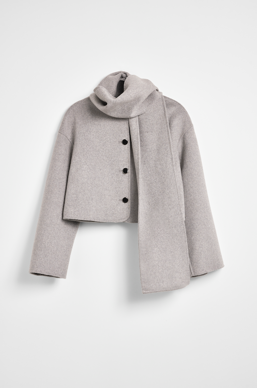 Double Faced Wool Cropped Jacket With Scarf - Grey
