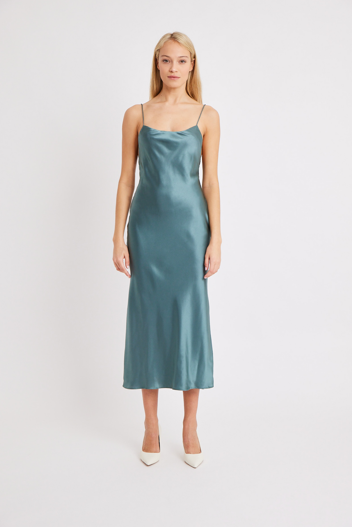 Satin Tie Back Midi Dress - Teal Blue