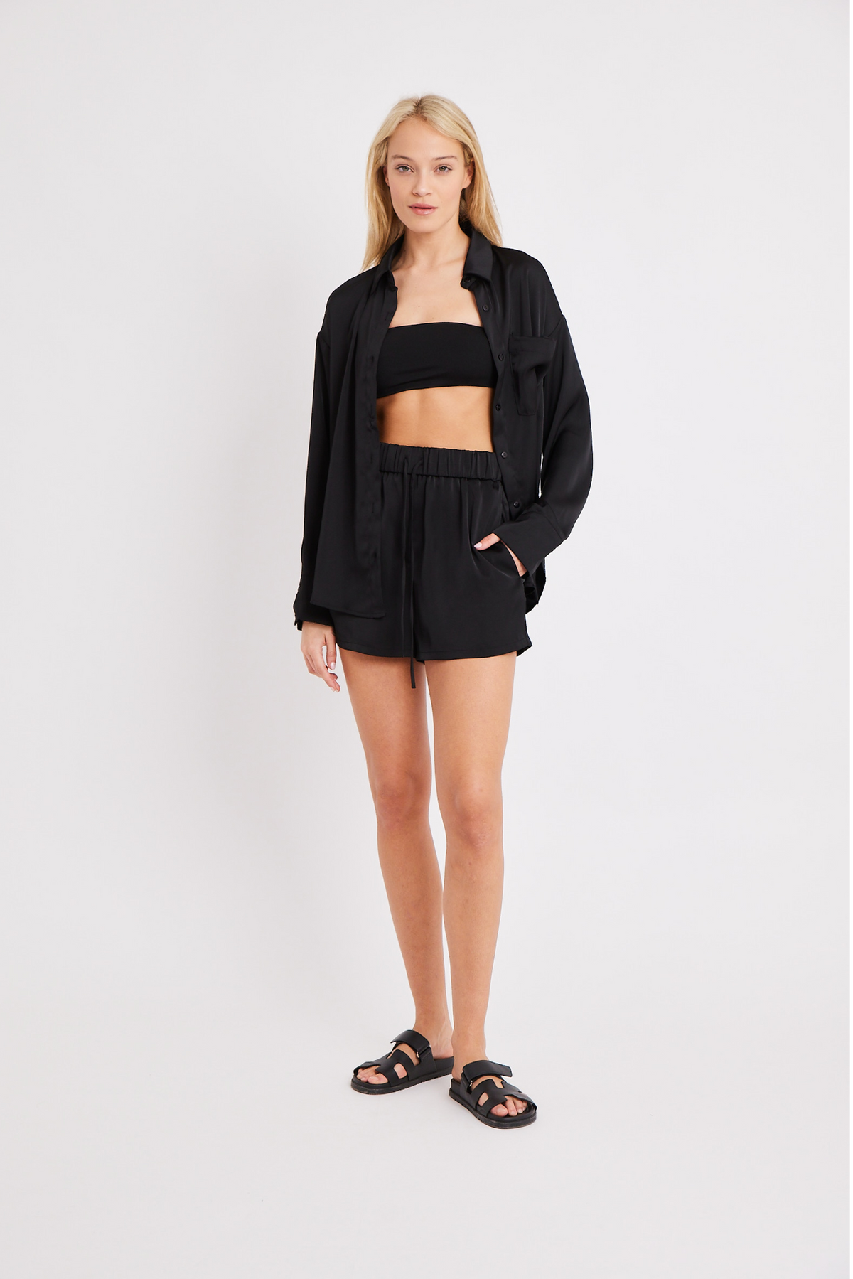 Relaxed Satin Drawstring Shorts - Black