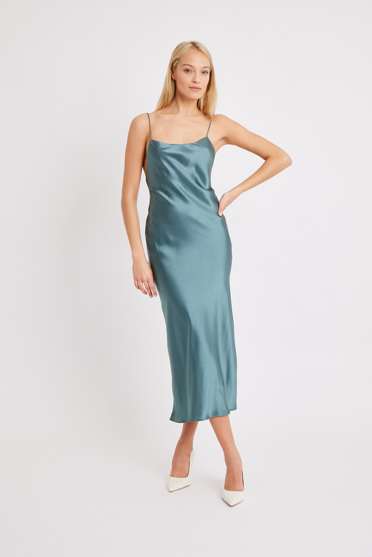 Satin Tie Back Midi Dress - Teal Blue