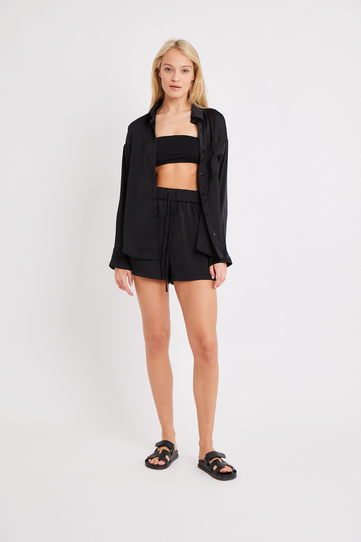 Relaxed Satin Drawstring Shorts - Black
