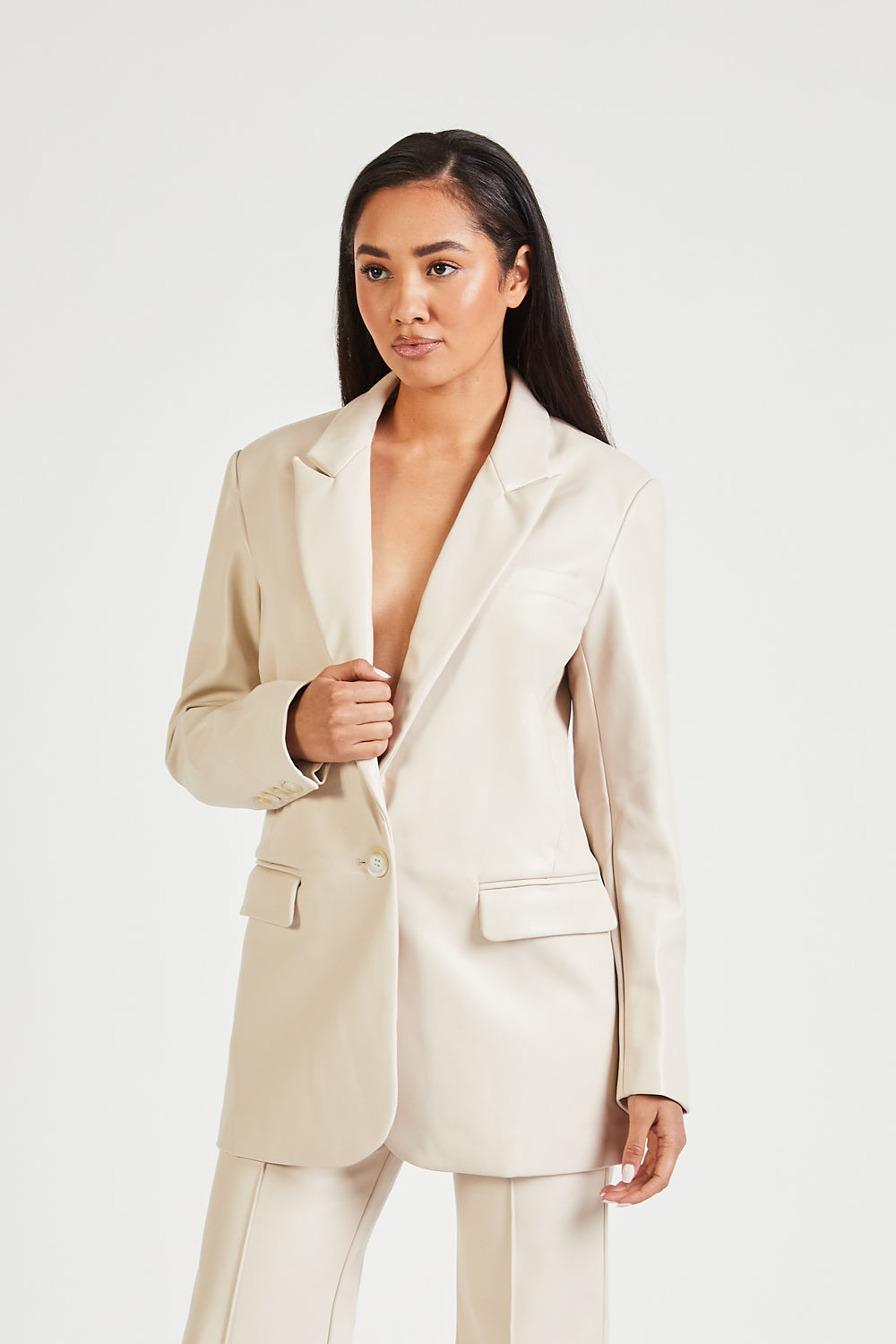 Leather Boyfriend Blazer - Cream