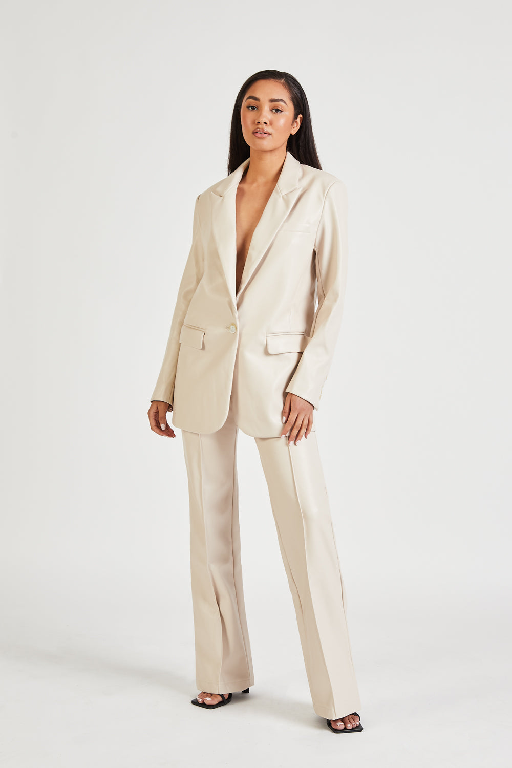 Leather Boyfriend Blazer - Cream
