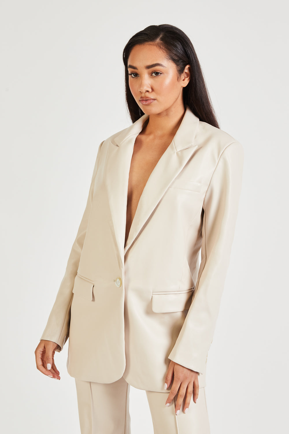 Leather Boyfriend Blazer - Cream