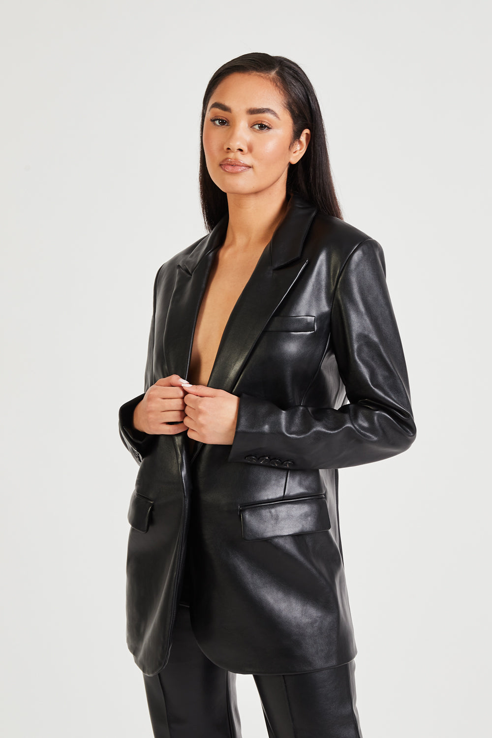 Leather Boyfriend Blazer - Black