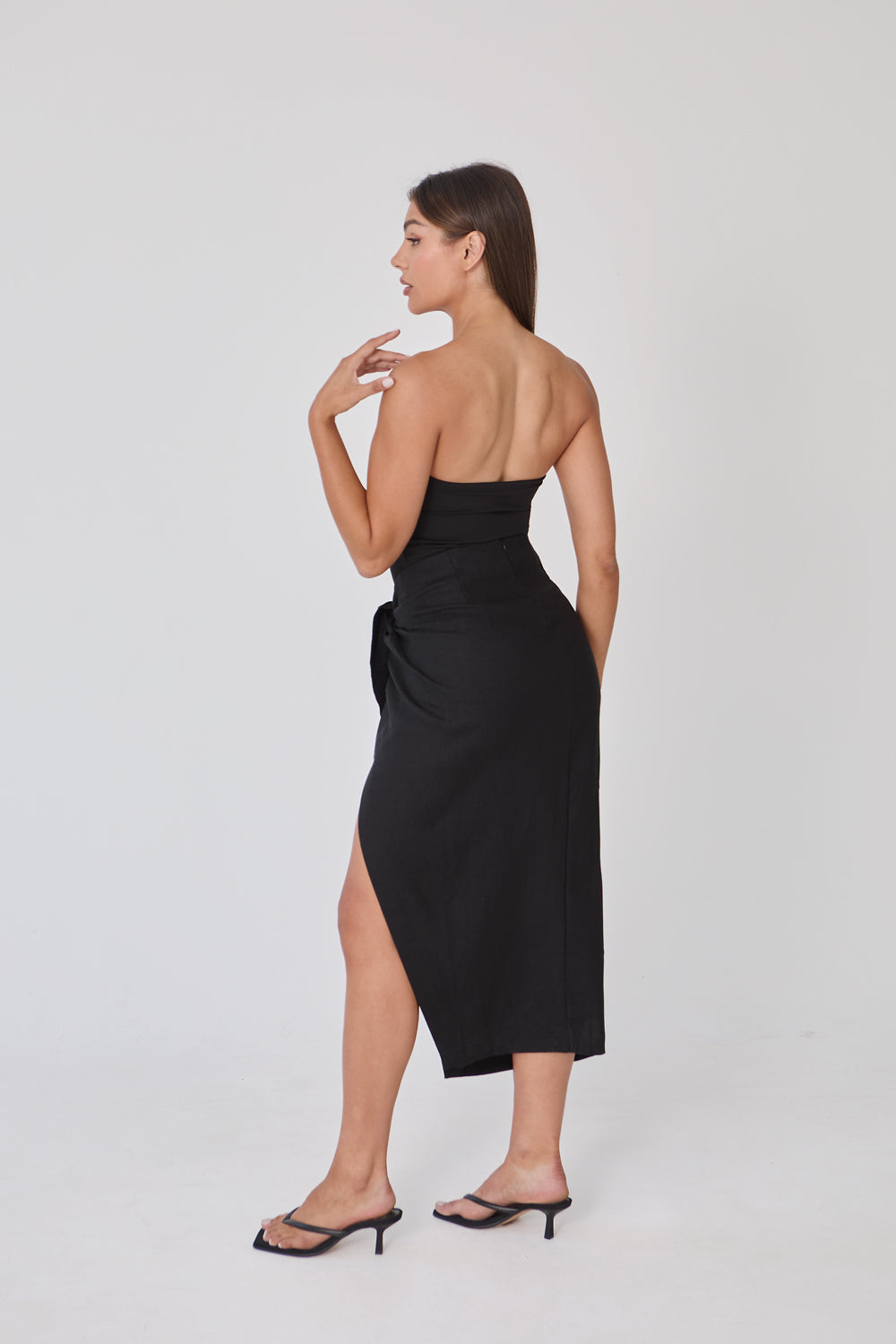 Linen Wrap Midi Skirt - Black