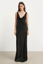 Cowl Neck Satin Panel Gown - Black