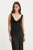 Cowl Neck Satin Panel Gown - Black