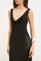 Cowl Neck Satin Panel Gown - Black