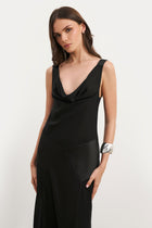 Cowl Neck Satin Panel Gown - Black