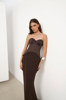 Satin Corset Gown with Sweetheart Neckline - Carob