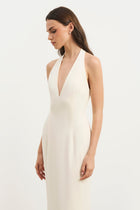Plunging V Neck Halter Gown - Cream