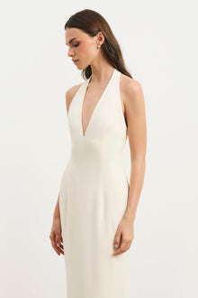Plunging V Neck Halter Gown - Cream