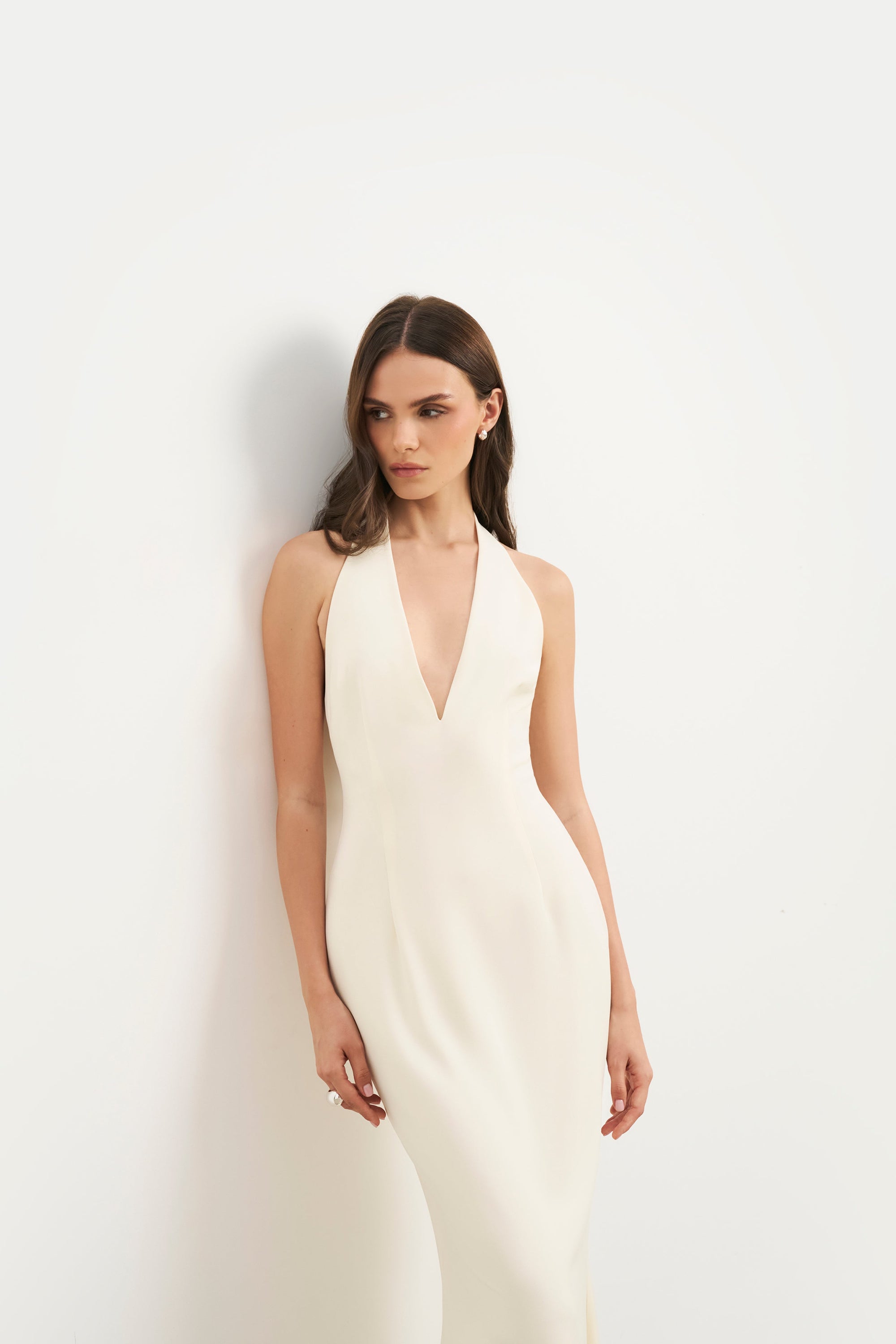 Plunging V Neck Halter Gown - Cream