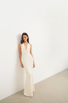 Plunging V Neck Halter Gown - Cream