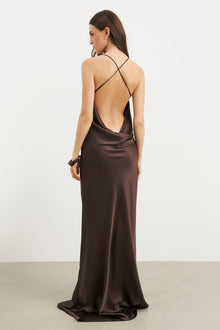 Satin Slinky Cowl Back Gown - Carob