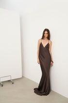 Satin Slinky Cowl Back Gown - Carob