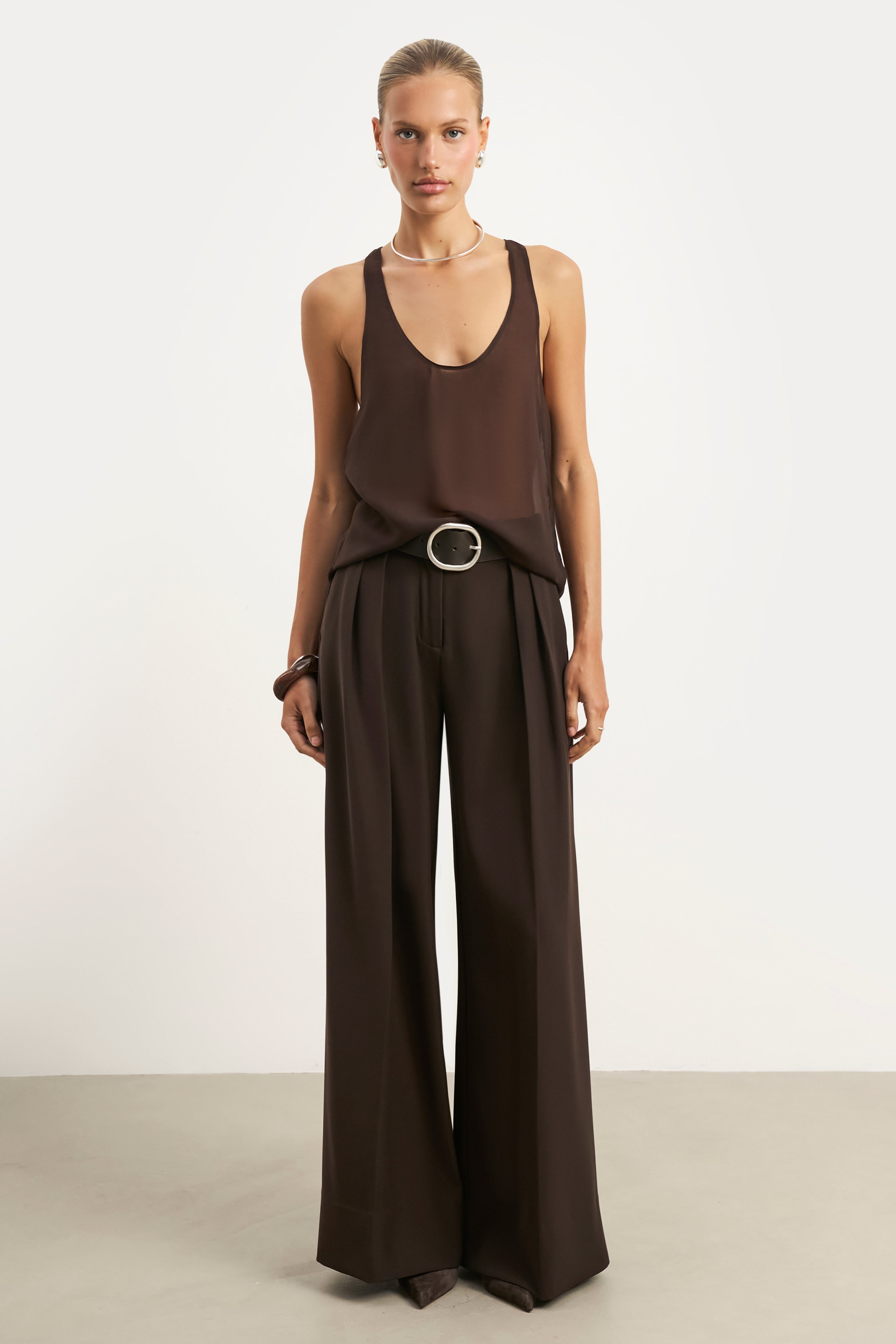 Sheer Plunge U Neck Tank Top - Carob