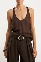 Sheer Plunge U Neck Tank Top - Carob