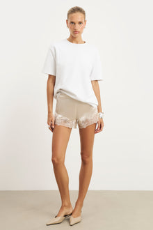 Satin Lace Detail Shorts - Champagne