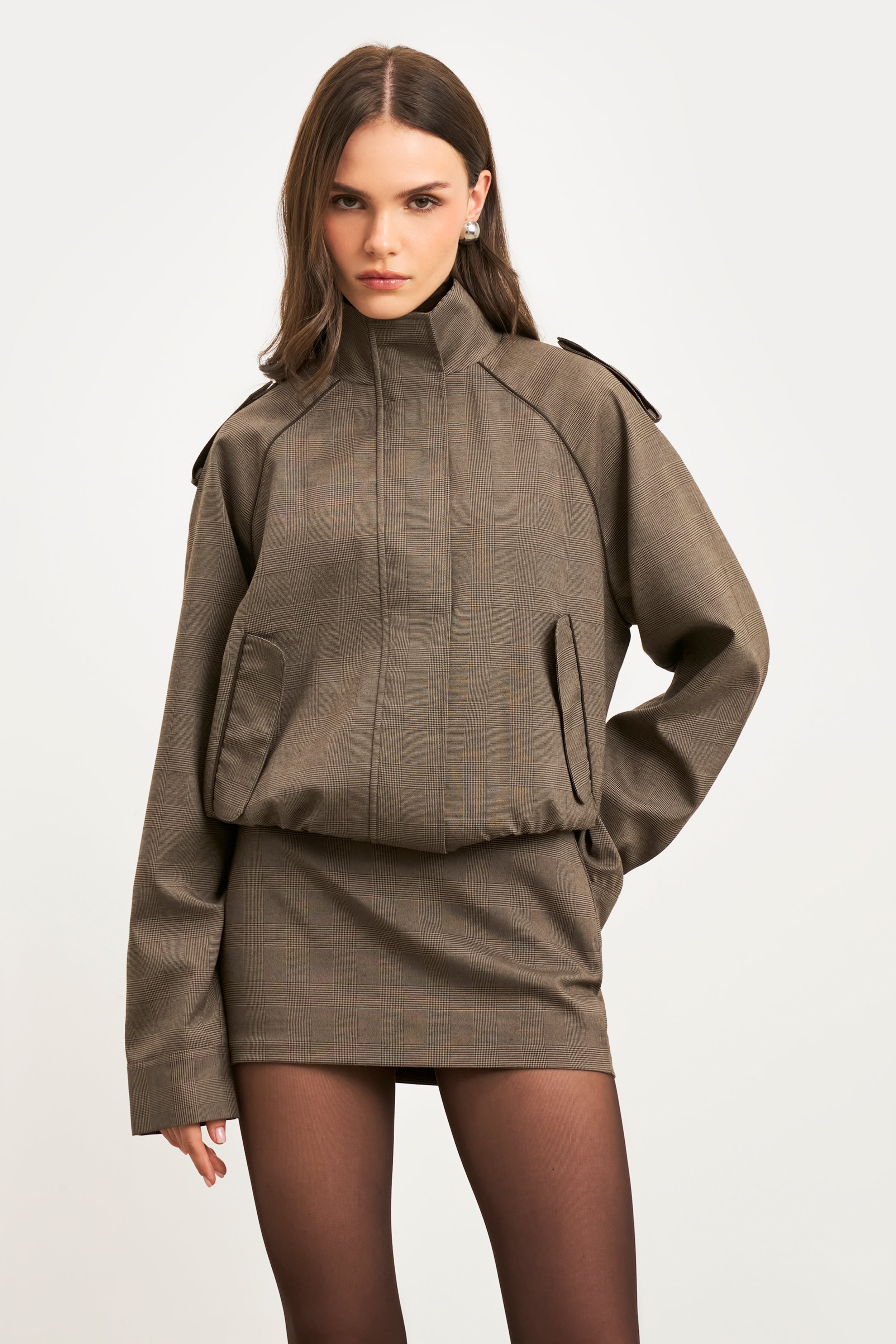 ジャケット・アウター high neck wool bomber jacket Relaxed High Collar Bomber Jacket - Carob Check | BOA