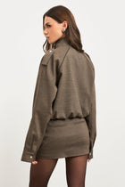 Relaxed High Collar Bomber Jacket - Carob Check