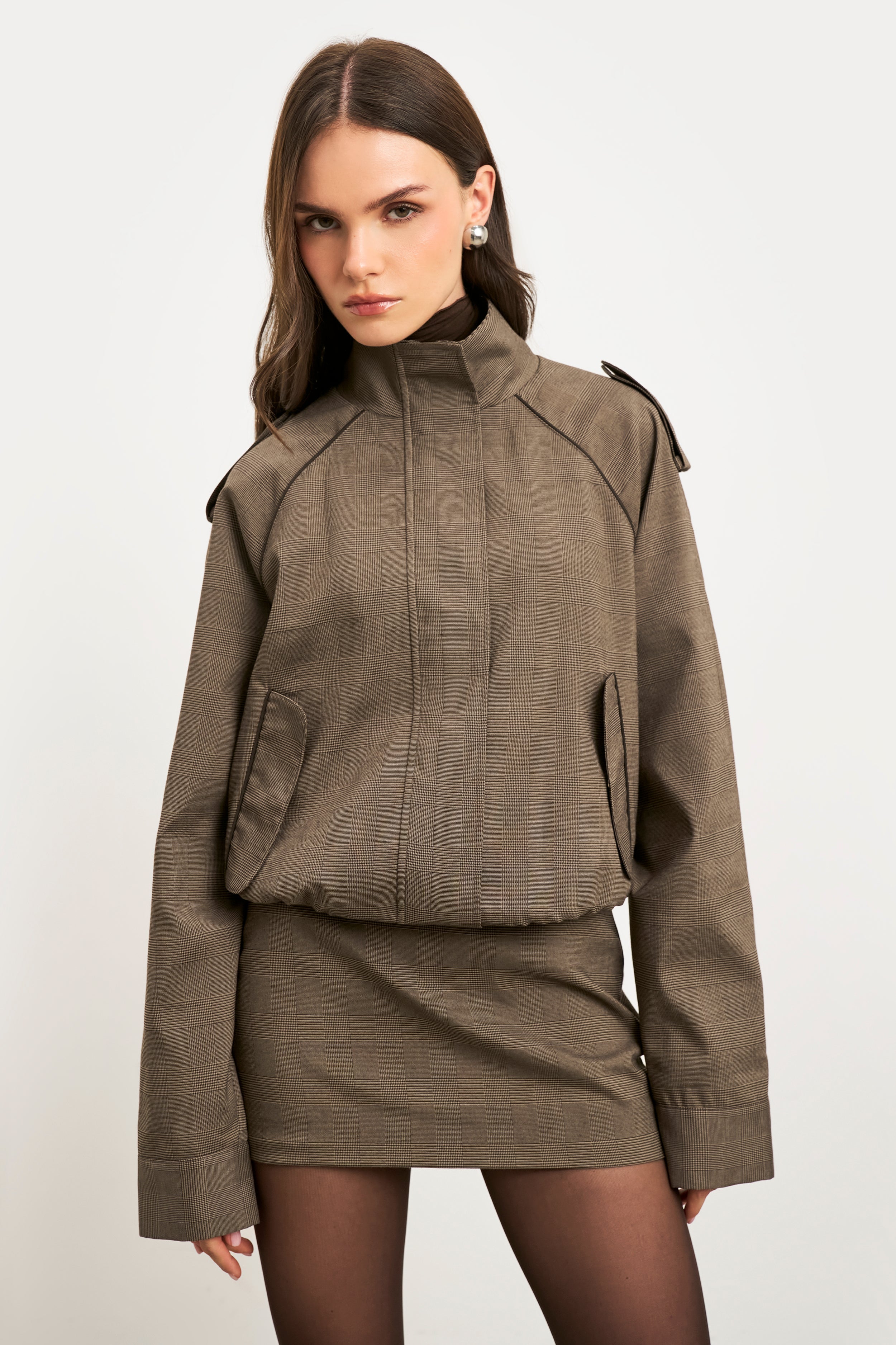 Relaxed High Collar Bomber Jacket - Carob Check | BOA