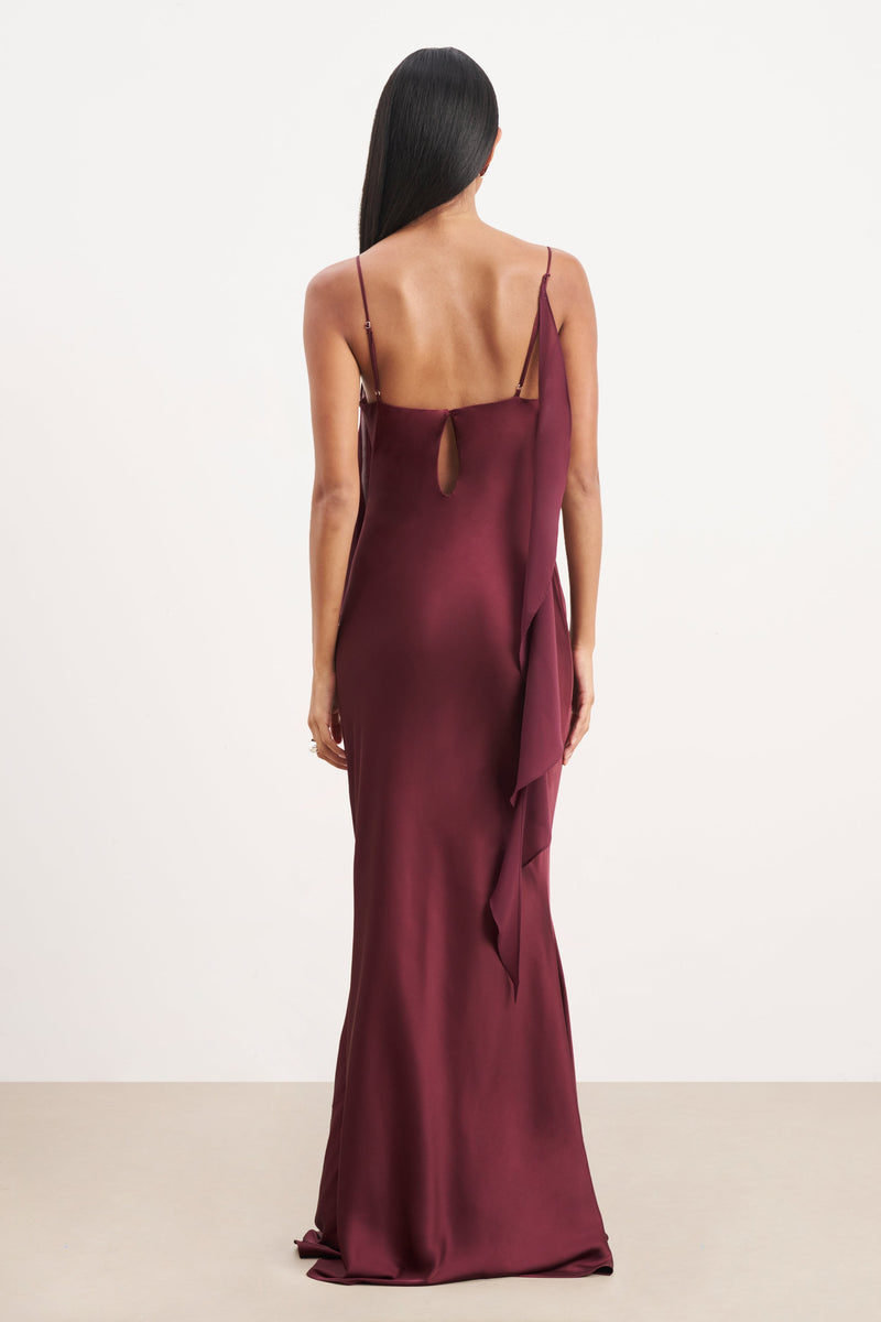 mulberry satin dress Sheer Chiffon Cowl Neck Satin Panel Gown