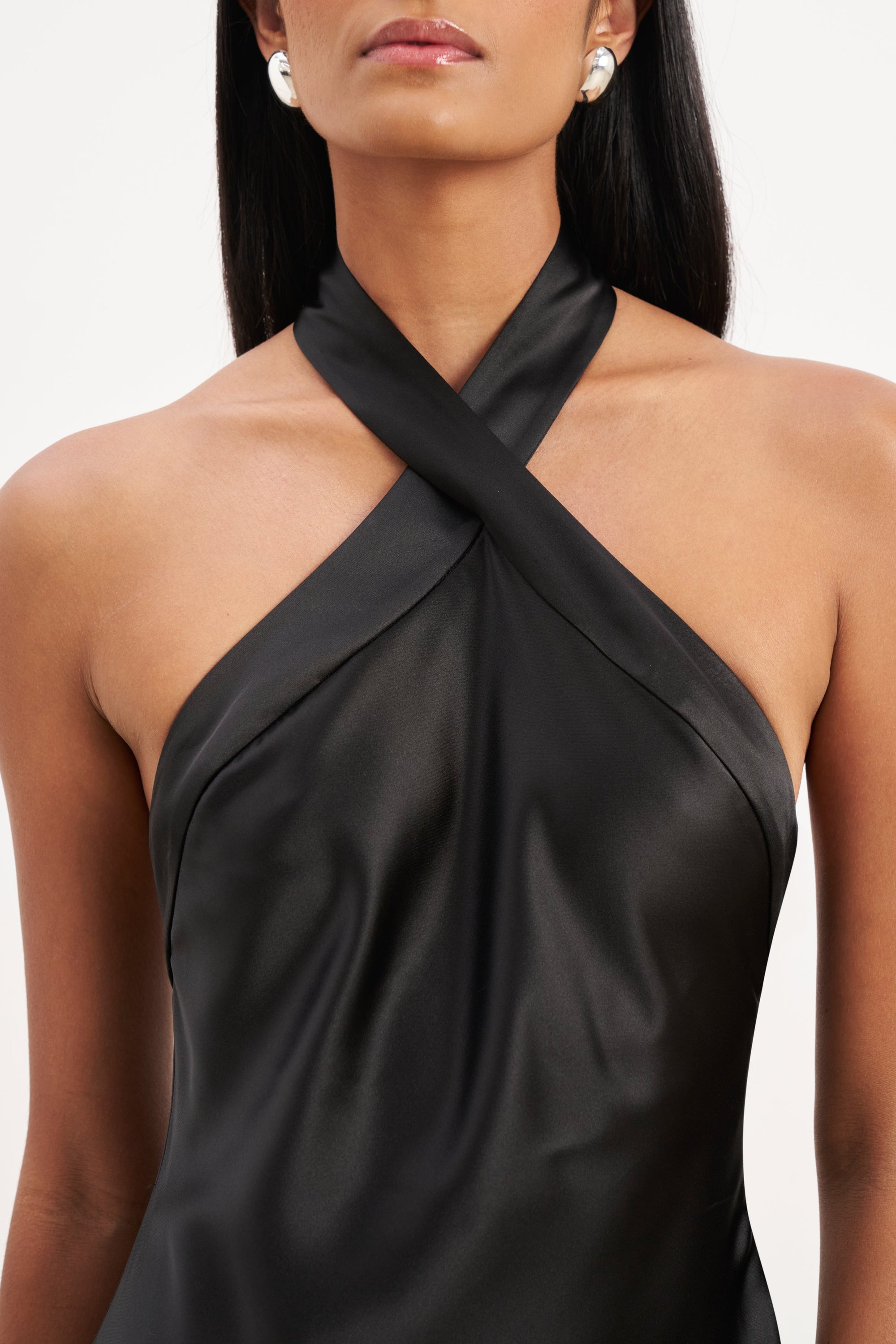 Satin Cross Strap Halter Gown - Black Satin Cross Strap Halter Gown - Black