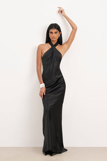 Satin Cross Strap Halter Gown - Black Satin Cross Strap Halter Gown - Black