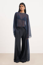 Box Pleat Tailored Wide Leg Trousers -  Navy