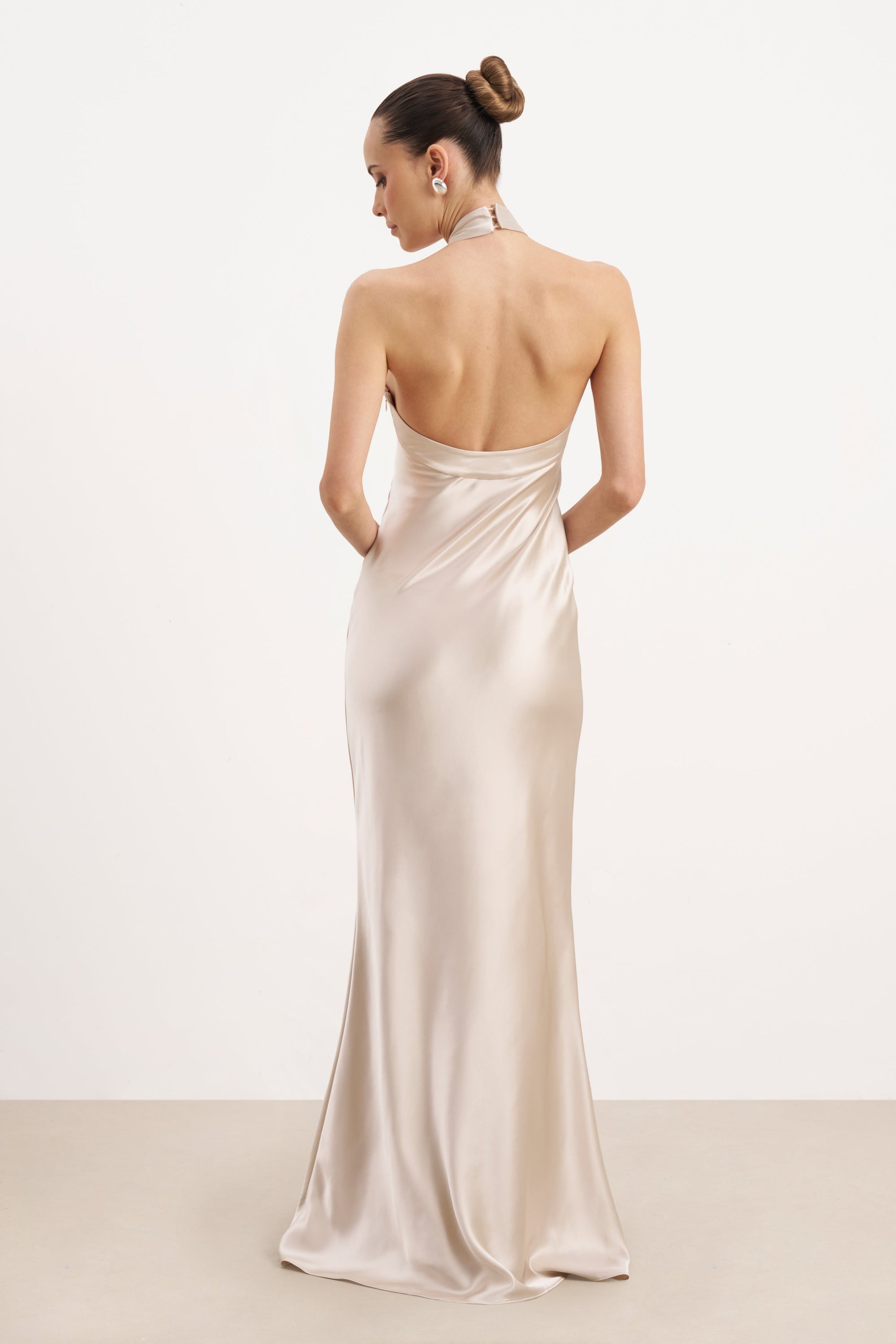 Satin Cross Strap Halter Gown - Champagne | BOA Satin Cross Strap Halter Gown - Champagne | BOA