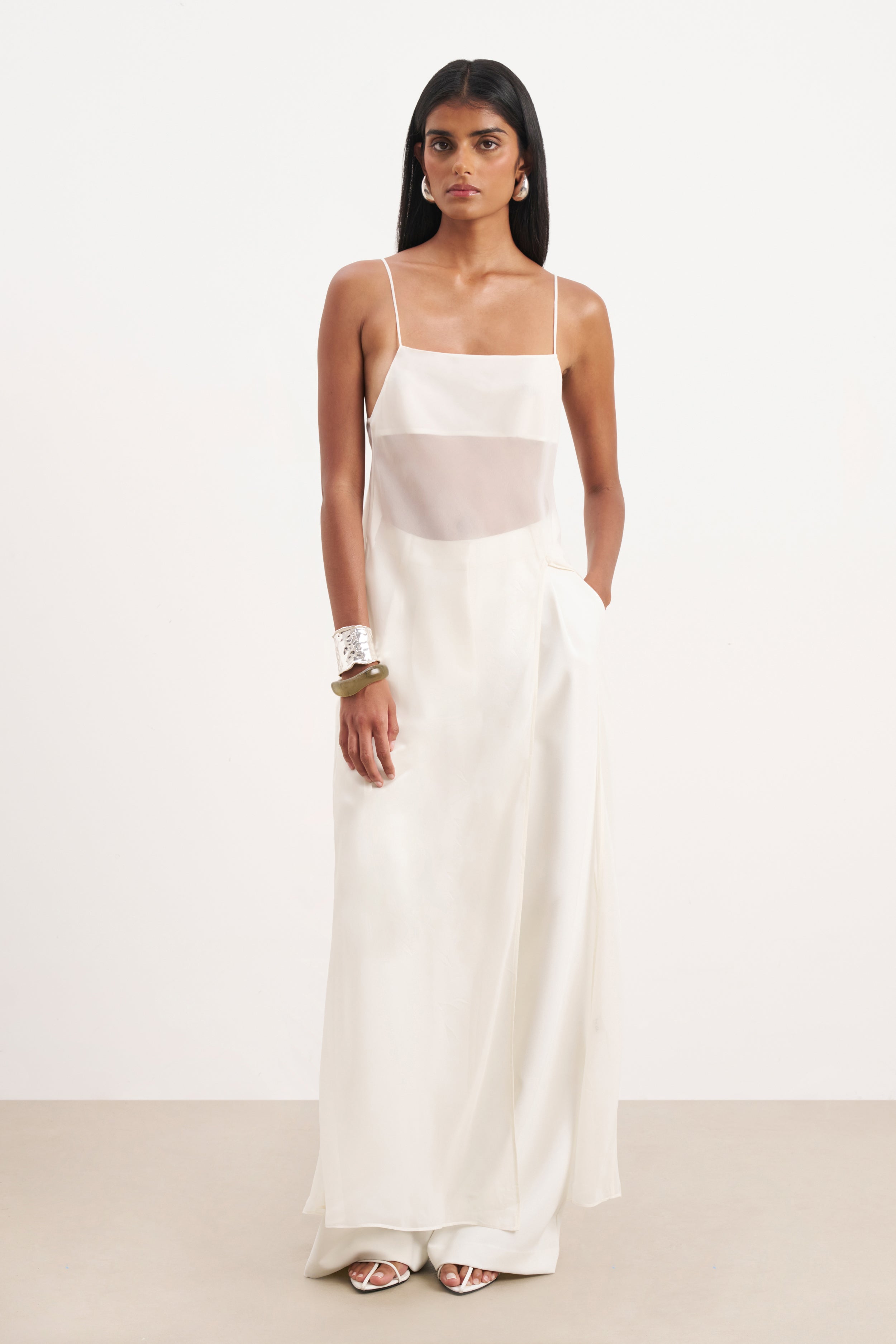 Sheer Chiffon Longline Camisole - Cream | BOA