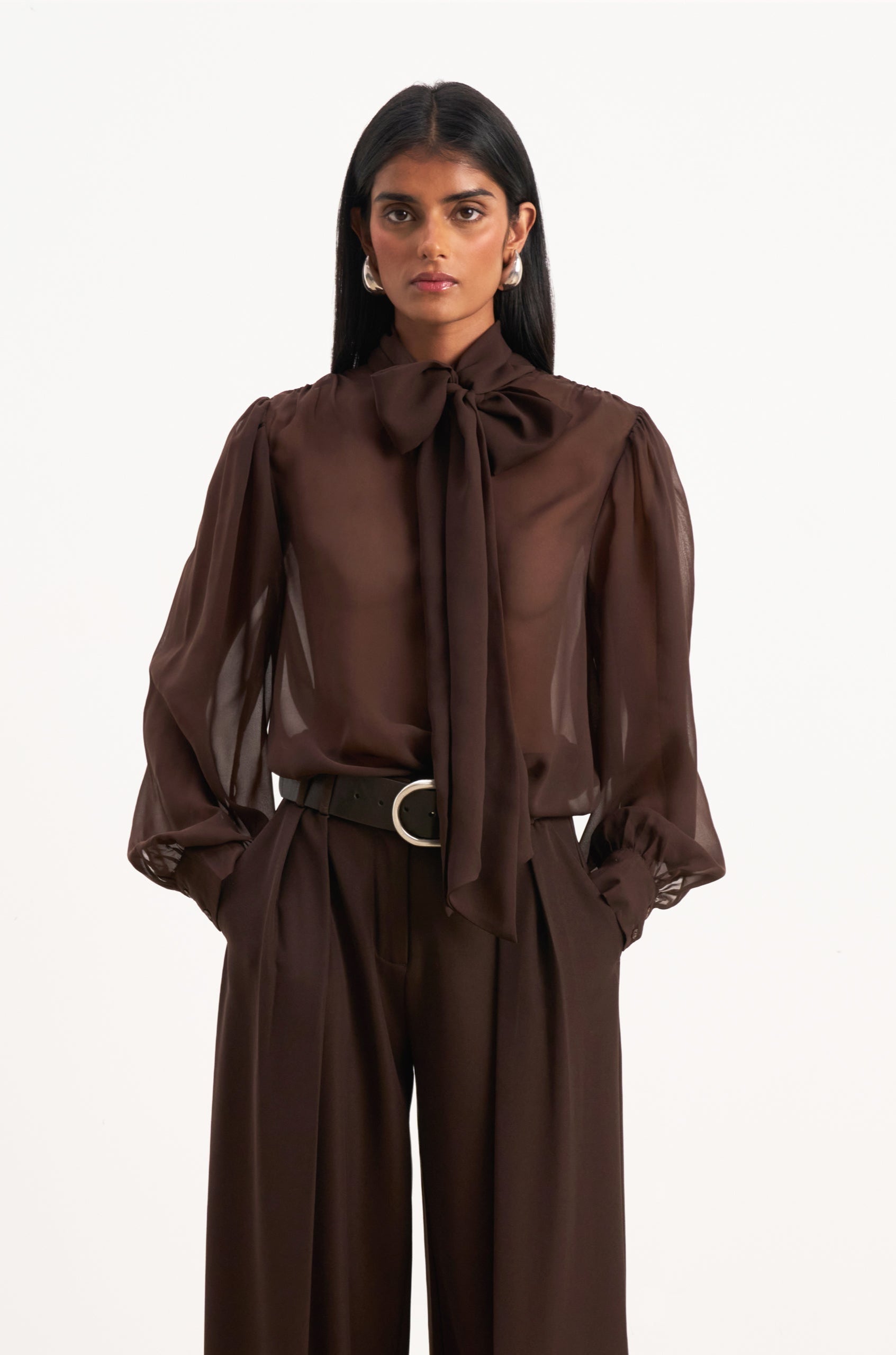 Colorset-Sheer Chiffon Tie Neck Blouse | BOA