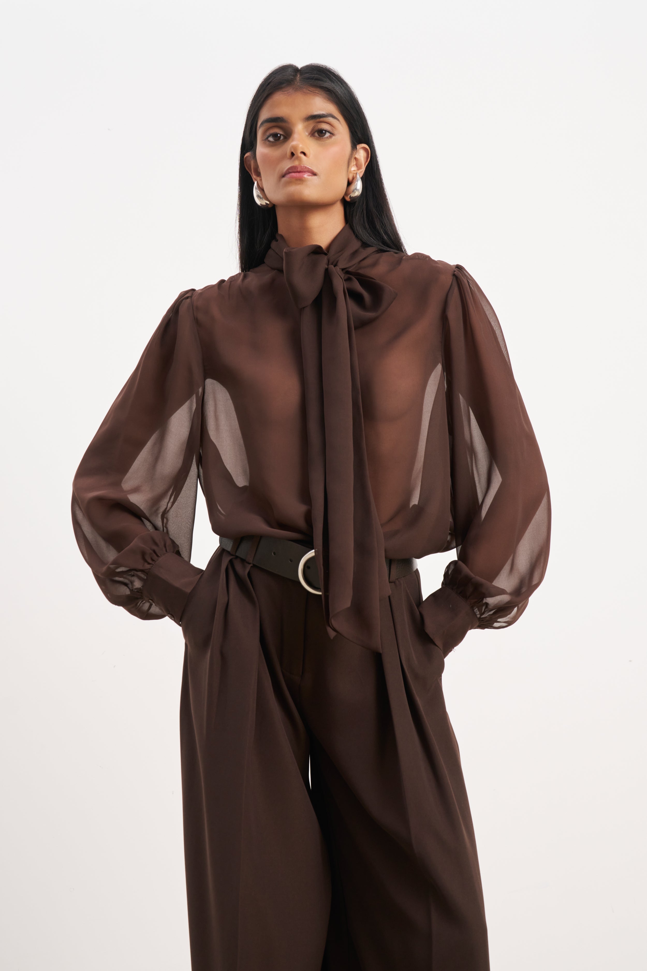 Sheer Chiffon Tie Neck Blouse - Carob | BOA