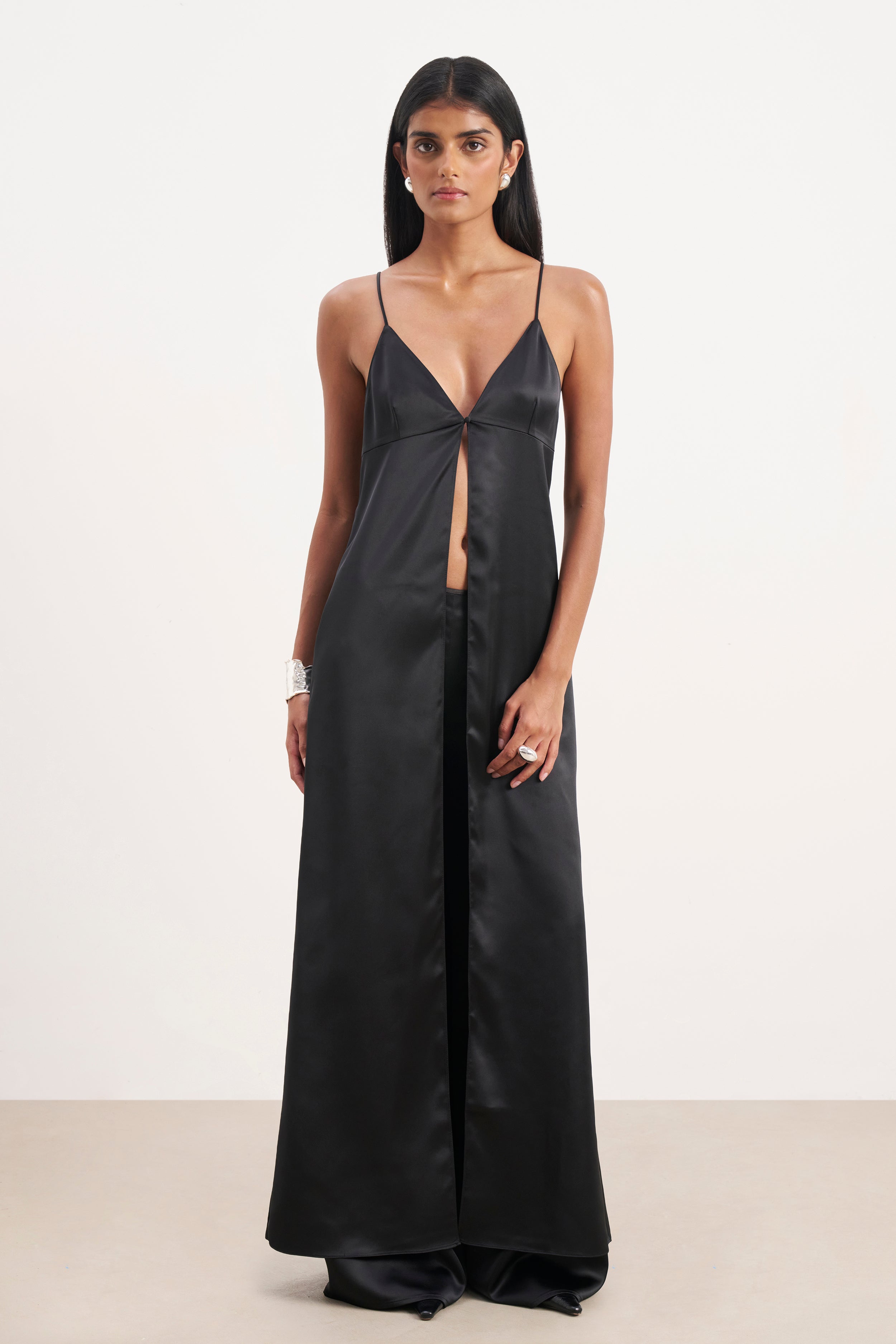Satin V Neck Longline Camisole - Black | BOA