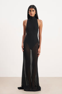 Sheer High Neck Racerback Gown - Black