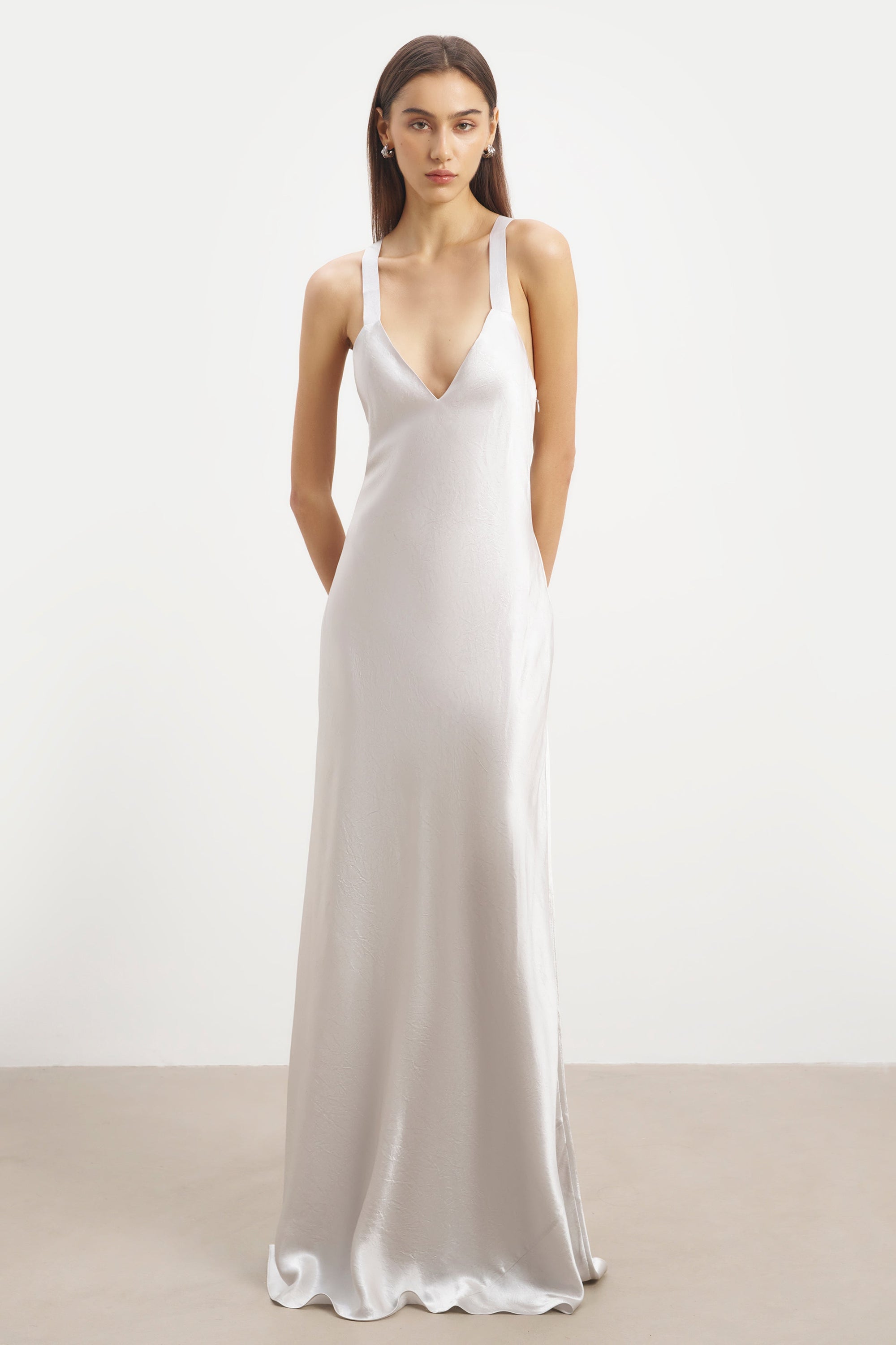 Crushed Satin Cross Back Gown - Chrome