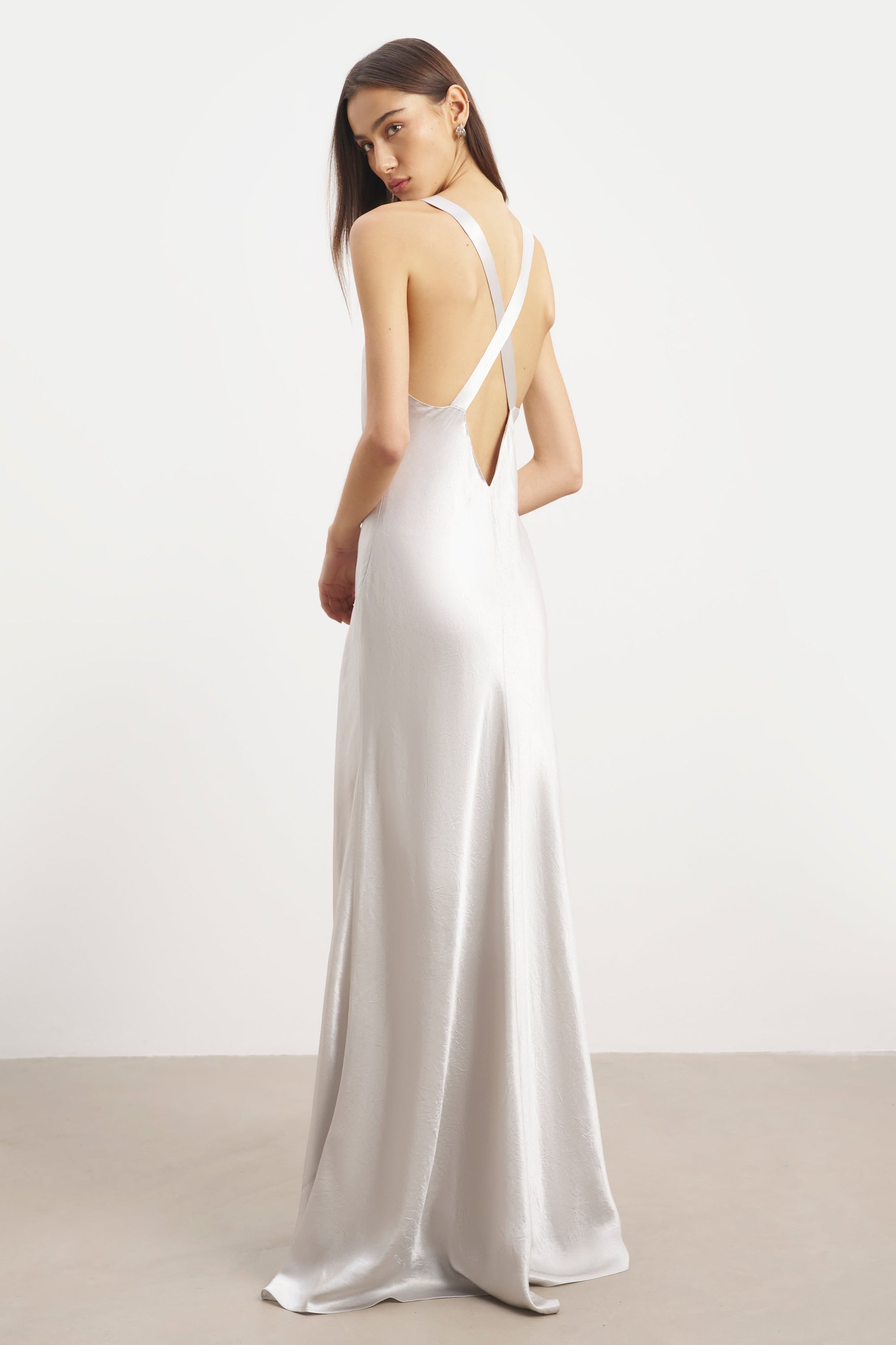 rhythm satin cross back dress La Lune Plunged Cross Back Maxi Dress by Shona Joy