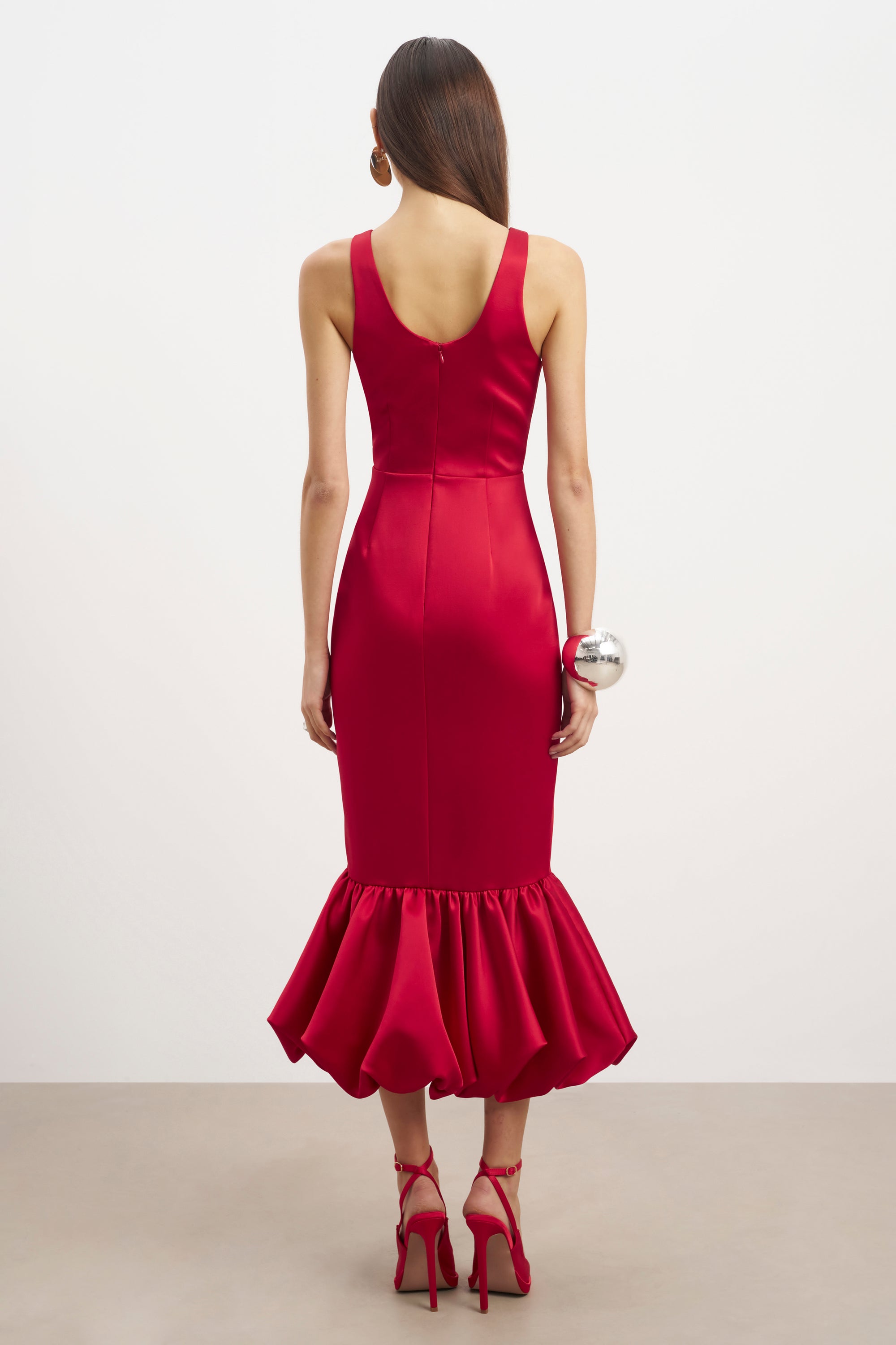Satin Bubble Hem Midi Dress - Scarlet | BOA Satin Bubble Hem Midi Dress - Scarlet | BOA